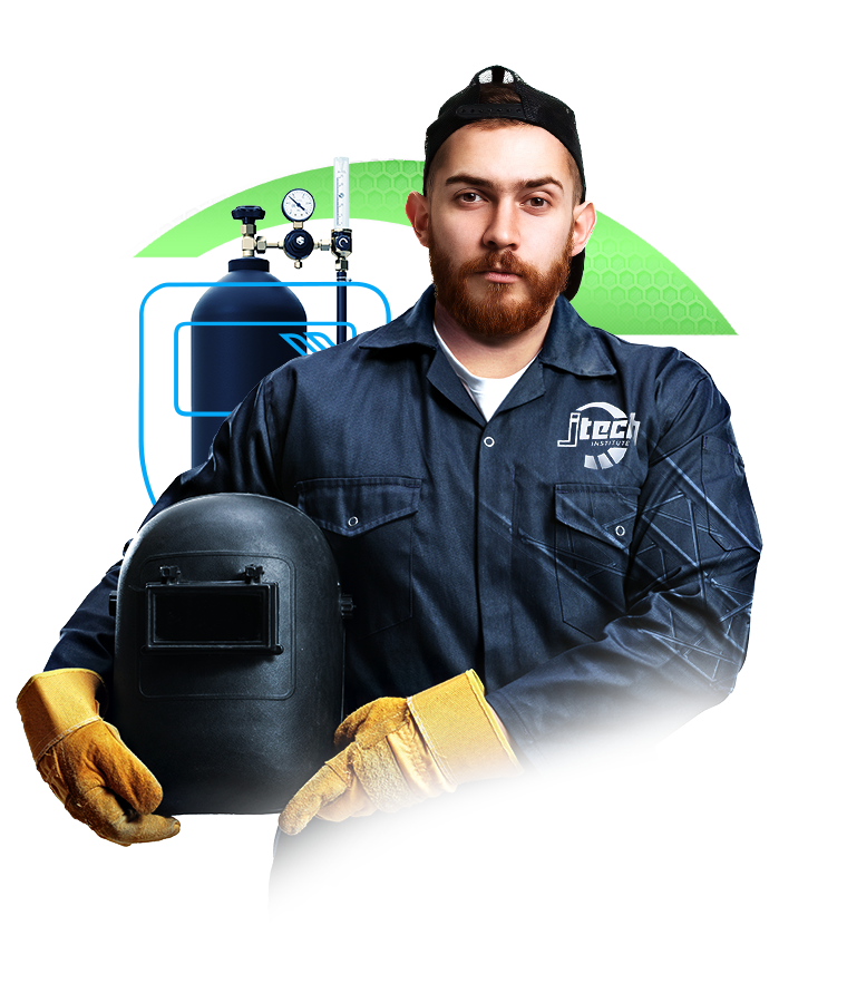 Welding & Fabrication Technology hero. A young bearded man wearing protective gear and holding a welding helmet.