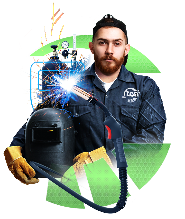 Welding & Fabrication Technology hero. A young bearded man wearing protective gear and holding a welding helmet, surrounded by the J-Tech tachometer logo and welding equipment, including a sparking torch.