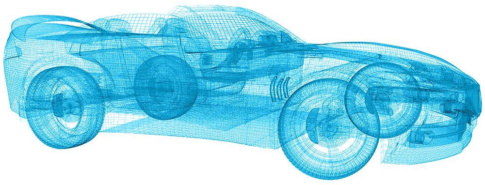 3D blueprint wireframe rendering of a sports car.