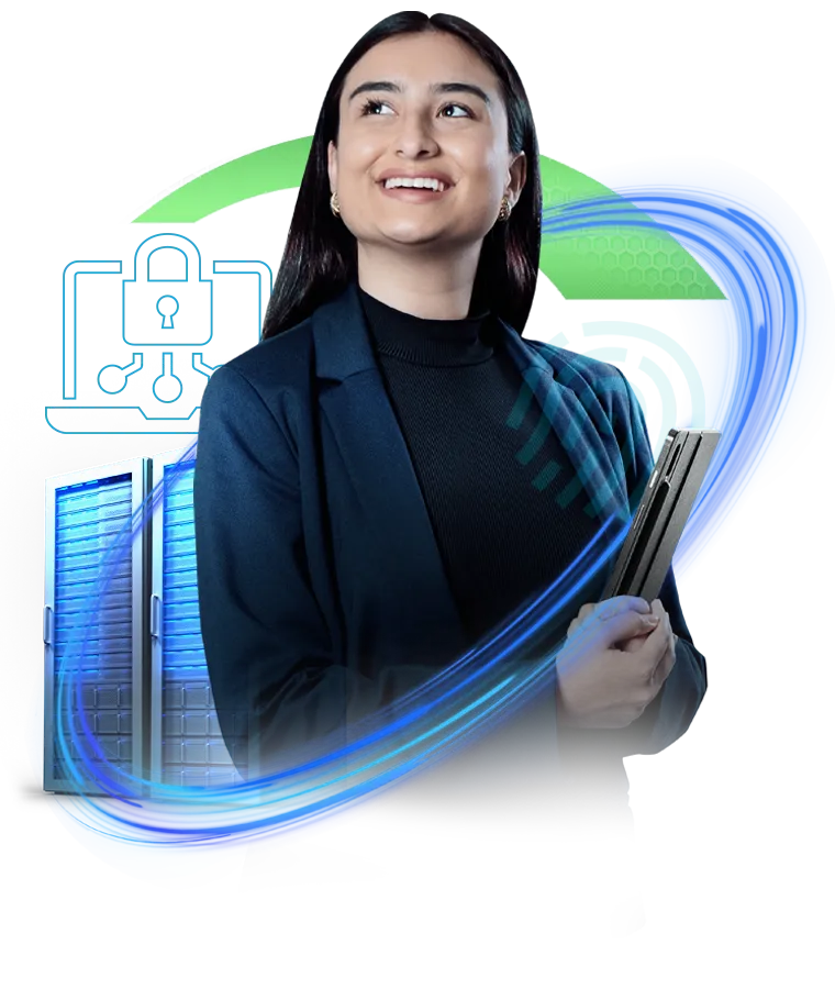 Network Administration & Security program heroine, holding a laptop and smiling optimistically as she's surrounded by elements of the program and the J-Tech logo's tachometer.