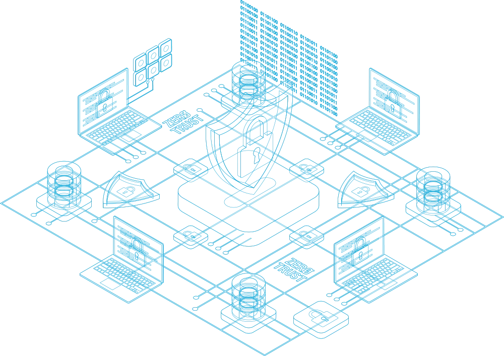Isometric illustration of a secure network schematic
