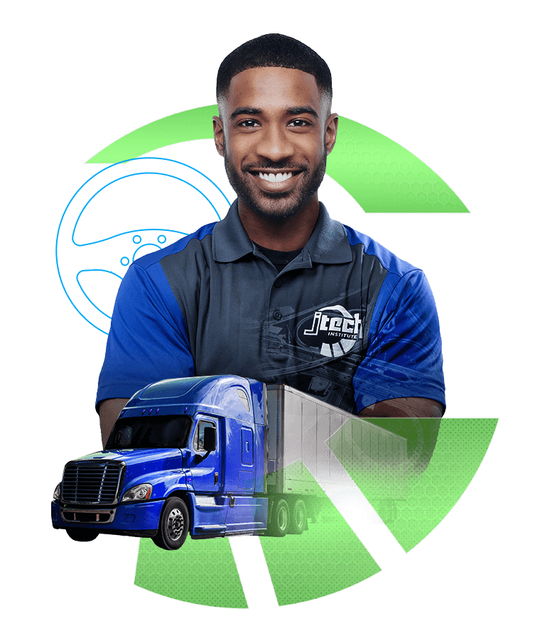 Smiling commercial truck driving student in front of truck